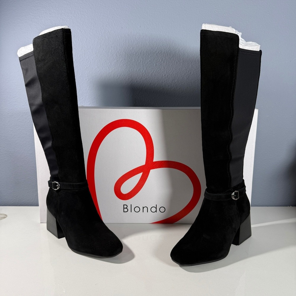 Blondo Twyla Black Suede Waterproof Tall Boots Block‎ Heel Womens 8.5 M New